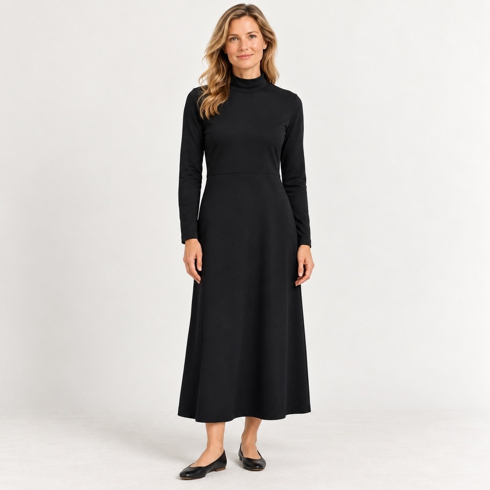 LL Bean Traveler Dress Med-Pet Black Mock Neck Long Sleeve Fall Capsule Midi
